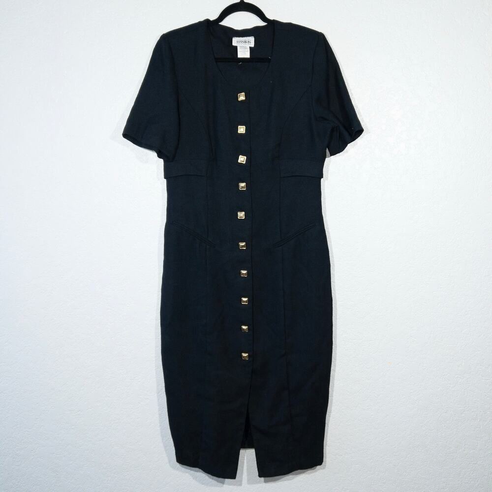 Vintage Manikin Black Button Front Knitted Shift Dress Size 14